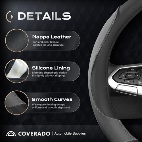 Image of Coverado Car Steering Wheel Cover, Nappa Leather Black & Gray Steering Wheel Covers, Universal 14-15 inch, Anti-Slip, Breathable Steering Wheel Protector for Women Men