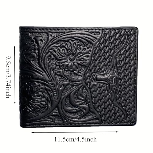 Ox Head And Floral Embossed Genuine Leather Wallet For Men Vintage Western Cowboy Full Grain Leather Bifold Short Wallet With ID Windows Credit Card Holder Case, Gift for Men (Black)2
