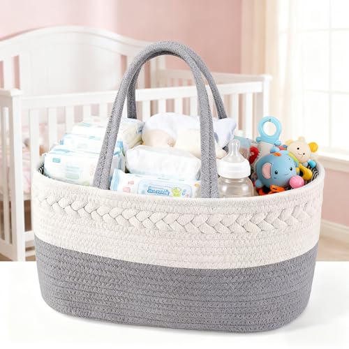 Image of CREVENT Diaper Caddy Organizer, Baby Basket with Handle, Table Organizer for Storage, Portable Car Organizer, Baby Shower Gifts + Gift bag with Ribbon