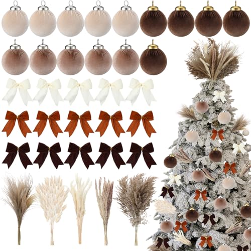 Juinte 80 Pcs Neutral Velvet Christmas Tree Ornaments Set Including 15 Velvet Balls 15 Bows and 50 Natural Dried Pampas Grass for Boho Farmhouse Xmas Holiday Decor