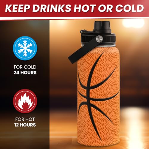 Image of SANDJEST Basketball Water Bottle 32oz Stainless Steel Insulated Bottles for Men Women Sports Lovers Fan Players Coach - Basketball Gifts for Birthday Christmas