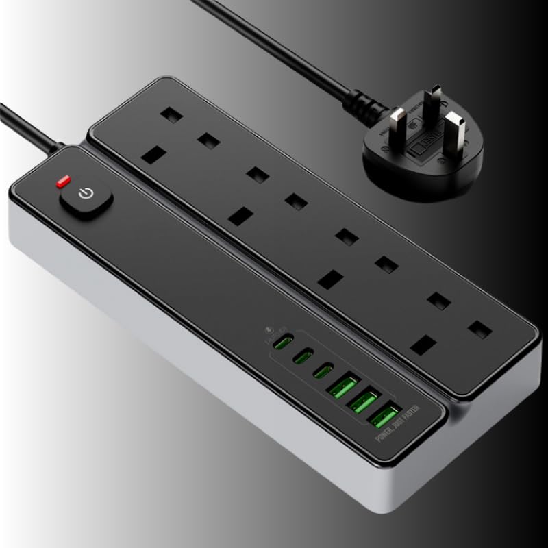 Power Strip with Surge Protection, 10-in-1, 4 AC Sockets, 3 USB and 3 Type-C Ports, 2.8M Extension Cable, White, Flame-Retardant ABS, for Home, Office, Travel (Grey)