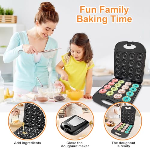 Image of 2026 Mini Donut Maker Machine for Home, Kid-Friendly 16-Hole Electric Doughnut and Pancake Maker with Non-Stick Surface, Ideal for Homemade Doughnuts (Black with Mini Oven Gloves & Brush)