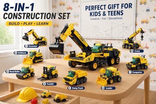 Image of SKY LINE OCEAN 8-in-1 Construction Truck Building Blocks Set (655+ PCS) | Transforming Heavy Duty Vehicles Kit | STEM Engineering Toy for Kids & Teens | Rebuild Play Set | 5 Year Structural Warranty