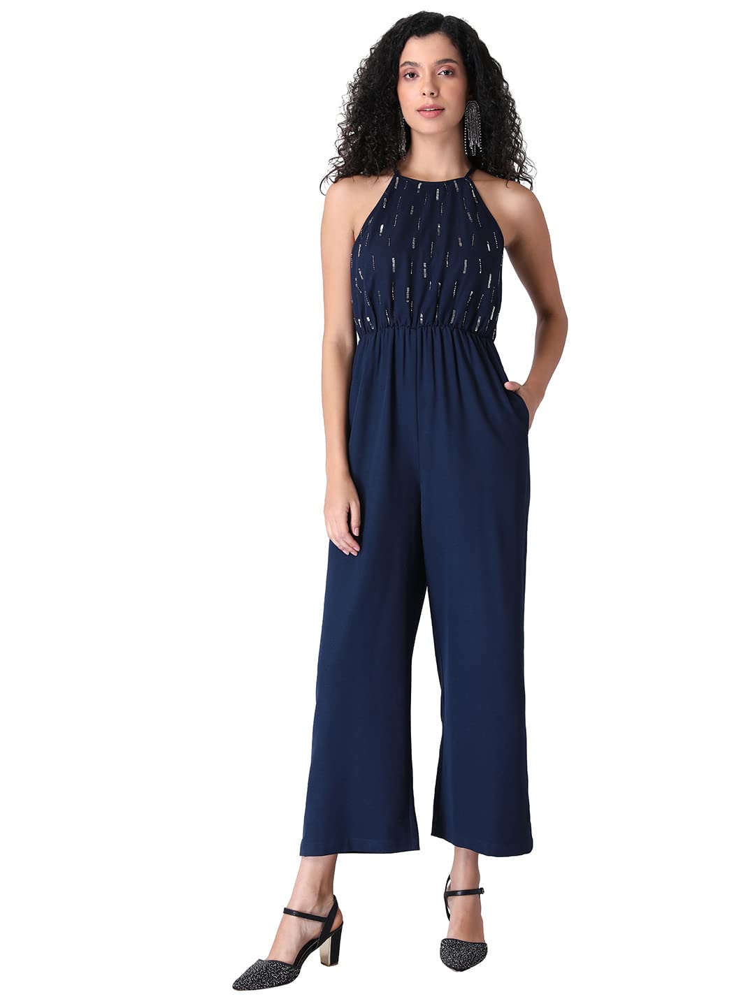 FabAlleyNavy Halter Neck Embellished Jumpsuit