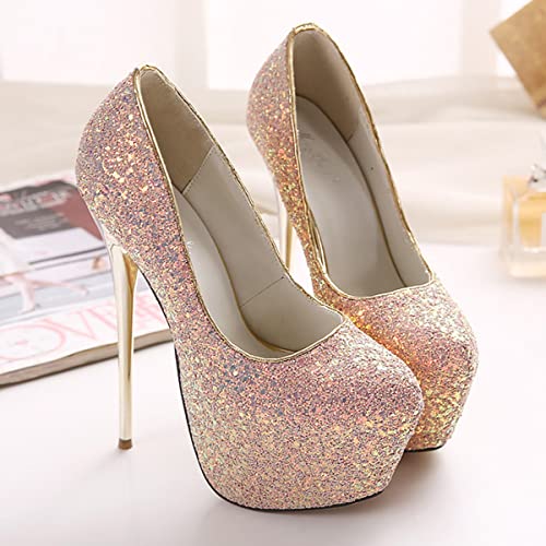 JOEupin Women's Sequin Platform Glitter Pumps Stiletto High Heel Closed Toe Sexy Party Dress Shoes2