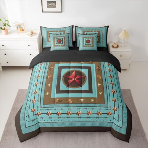 Image of Red Western Texas Star King Size Comforter Set with Sheets | Bull Skull 7 Piece Bedding Set Cowboys Gifts Western Bed in a Bag,Cowboy Boots for Boys Brown Cowboy Hats Boho Rustic Farmhouse Decor
