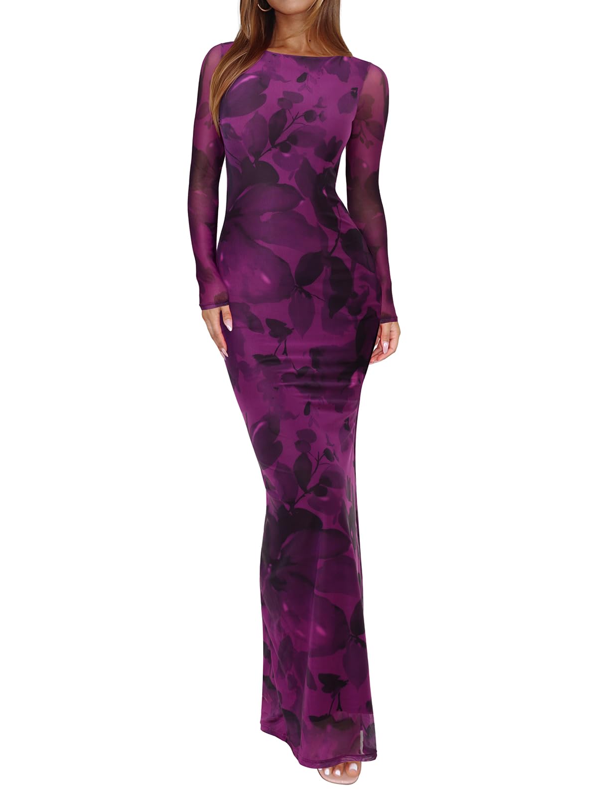 REORIA Damen Mesh Transparent Langarm Kleid Elegantes Florales Bodycon Maxi Kleid für Hochzeitsgäste