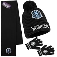 Wednesday Beanie Winter Accessories Set Girls Teens, 3pcs Hat Scarf Gloves, Warm Knit for School Travel Days Out, Gothic Gifts