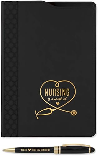 Nurse Appreciation - Juego de folio y bolígrafo negro, 5.75 x 8.75 pulgadas, Nursing Is A Work Of Heart de piel sintética negra y dorada, juego de