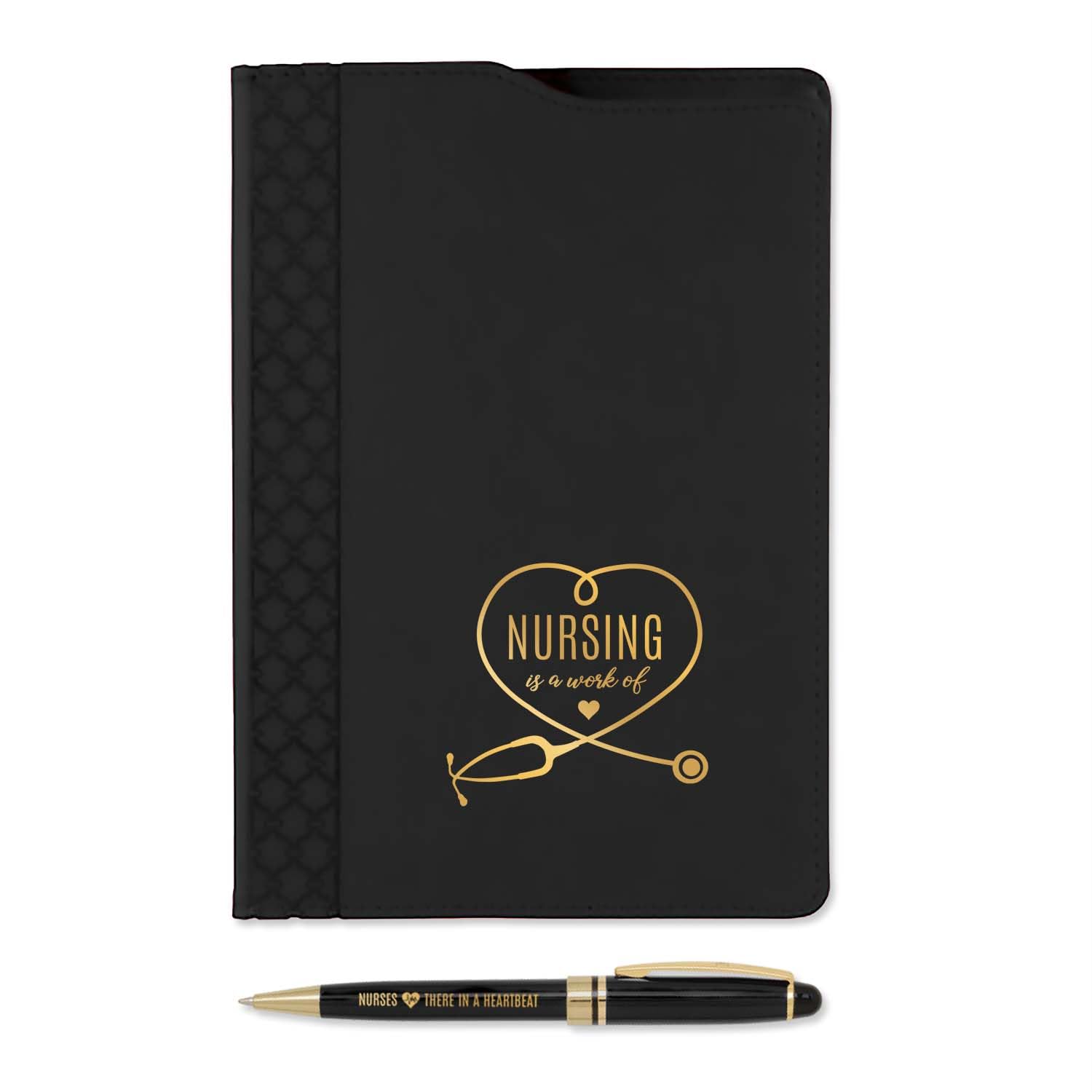 IMPRINTS ONLINE I Nurse Appreciation Black Folio And Pen Set / 5.75” x 8.75” Nursing Is A Work Of Heart Black And Gold Faux Leather Padfolio Notebook Pen Set/Modern Nurses Present