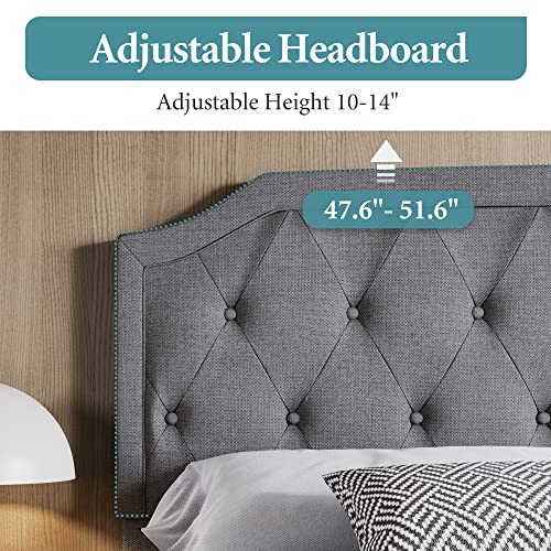 Hoomic Queen Size Upholstered Fabric Platform Bed With Adjustable Curved Rhombic Button Tufted Headboard,Wooden Slats Support,Heavy Duty Mattress Foundation,Easy Assembly,Light Grey #TOP3