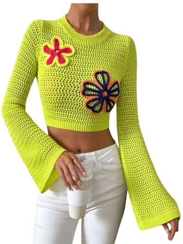 Image of SweatyRocks Women's Floral Flare Sleeve Hollow Out Pullover Cropped Sweaters Yellow Large