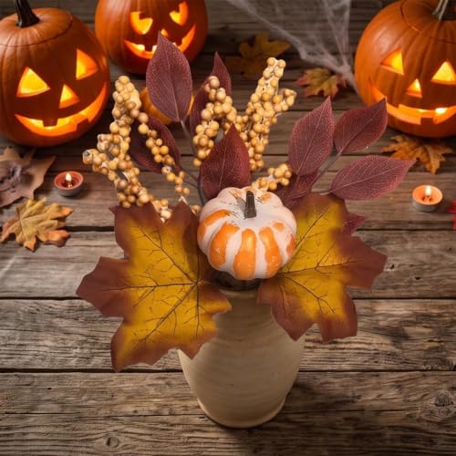 Artificial Flowers Indoor, Lightweight Weather Resistant Fade Resistant Plastic Fall Decor with Pumpkin Berries,Realistic Halloween Decoration Insert for Garden Patio Home Centerpieces (Orange-White) - image 3