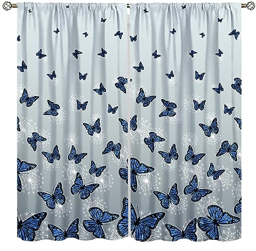 Llylumty Butterfly Curtains,Blue Butterfly White Dandelion Romantic Girls Women Soundproof Insulated Rod Pocket Window Blckout Curtains for Bedroom Living Room 21x45in,2 Panel Set