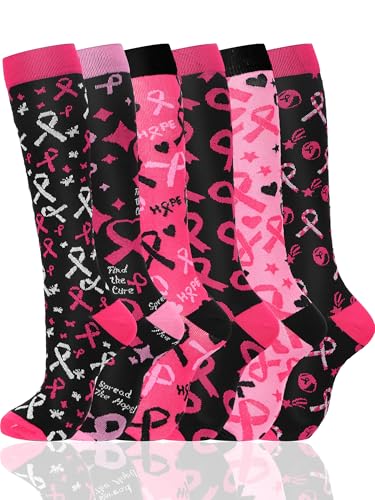 6 Pairs Breast Cancer Awareness Compression Socks 20-30mmhg Pink Ribbon Knee High Socks for Running Work Support Travel Women Men Gifts