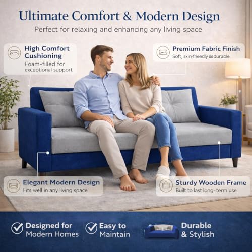 Image of Ultimate Comfort 3+2 Wooden Sofa Set | Premium Velvet Fabric | Modern 5-Seater Sofa | Durable & Stylish Living Room Furniture(Grey & Blue)