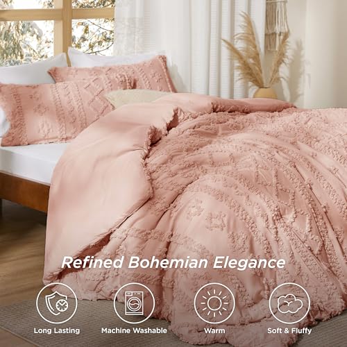 Bedsure Tufted Boho Comforter Set King Size - Pink Boho Bed Set, GentleSoft™ 3 Pieces Farmhouse Shabby Chic Embroidery Bedding, Gifts for Woman, Soft Jacquard King Comforter for All Seasons