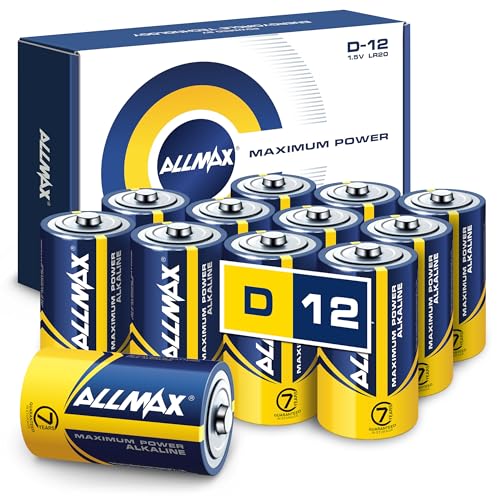 Allmax D Mono (LR20) Maximum Power Alkaline Batterien (12 Stück) – Ultra-Langlebigkeit, auslaufsicheres Design, 7 Jahre Haltbarkeit, maximale Leistung (1,5 V)