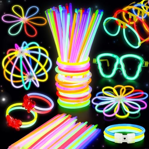 BUDI 467Pcs Glow Sticks - Halloween Party Favors Glow in the Dark Party Supplies for Kids Adults 4th of July Accessories Neon Decors Glowsticks Bulk 8 Inch & Connectors Necklace Bracelet Glasses