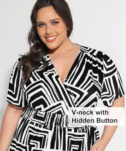 Image of CARCOS Plus Size Dresses for Curvy Women V Neck Summer Maxi Dress Short Sleeve Floral Boho Dress Smocked Waist Beach Dress