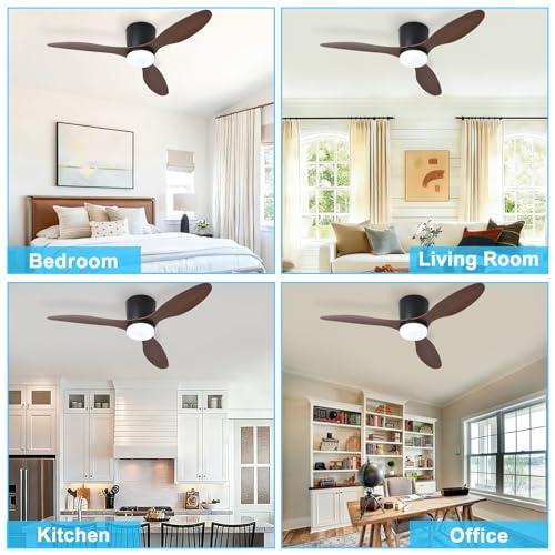 Image of Depuley Flush Mount Ceiling Fan: 42-Inch Black Ceiling Fans with Lights for Bedroom Indoor Outdoor - Low Profile Ceiling Fans with Remote Control 24W 3CCT Dimmable 3 Reversible Walnut Blades 6 Speeds