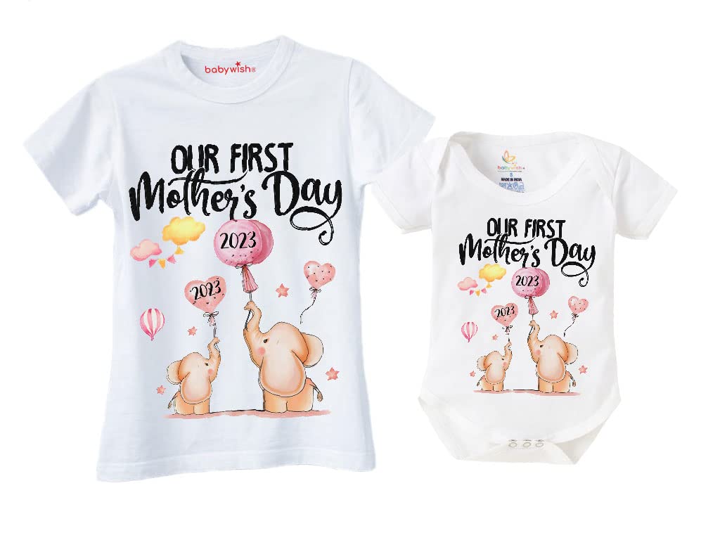Mother's  Day  Combo Set special Baby Unisex 0 to 12 months Romper & Women T-shirts Mom Daughter tees  mothers   day  romper and  tshirt | Elephant Print  Mothers   Day  |