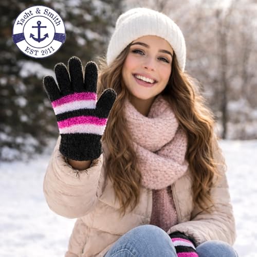 Image of Yacht & Smith 12 Pairs of Winter Gloves Mens Womens and Kids - Thermal Knit Stretchy Fuzzy Bulk Glove Colors