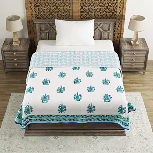 Image of BLOCKS OF INDIA Hand Block Printed Cotton Summer Single Size Reversible Printed Malmal Dohar (Blue Buta)