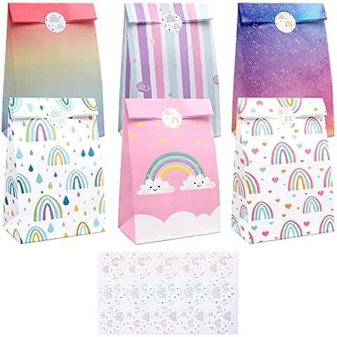 Miying 12 PCS Paper Party Bags Rainbow Paper Party Bags Sweet Bags 6 Colourful Gift Bags With 15 Stickers for Baby Shower, Unicorn Pinata, Wedding, Birthday Party Cover