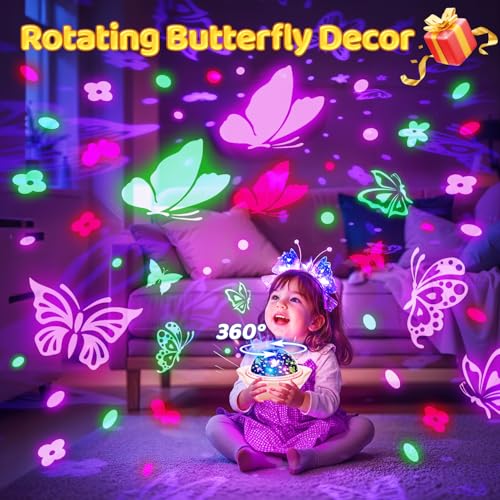 Onefire Girls Toys for Girl Gifts, 6 Films Light Projector Unicorn Toys for Girls Age 4-6, Rechargeable Night Lights for Bedroom, 360° Rotating Butterfly Decor Mermaid Gifts Princess Baby Toddler Toys