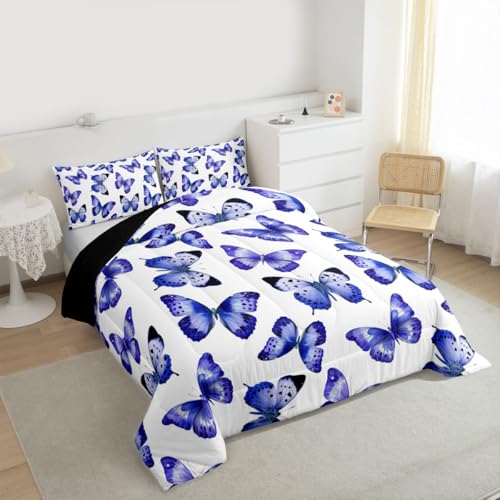 Image of Erosebridal Purple Butterfly King Size Comforter Set for Kids Teens Adults,Dreamy Princess Bedding Sets,Flying Butterflies Duvet Insert,Watercolor Oil Painting Quilt Bedroom Decor