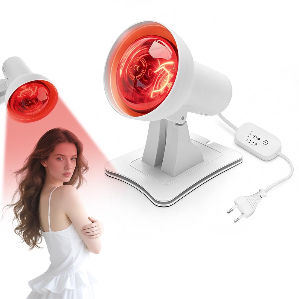 Rotlichtlampe Infrarotlampe 150W, Rotlichtlampe Wärmelampe Mit 3 Stufen Timer, Einstellbarer Temperatur & Einstellbarer Winkel, Rotlicht Infrarot Lampe für entspannende Muskelermüdung (Weiß)