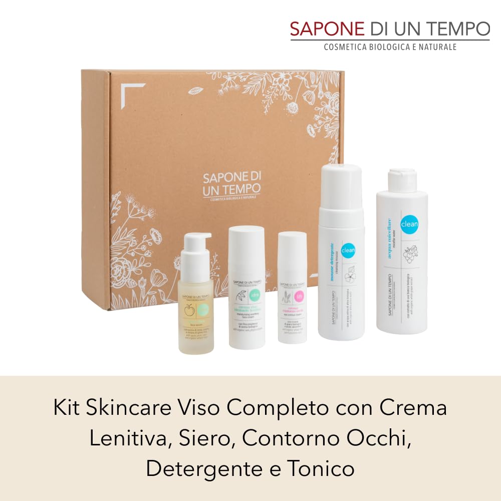 Sapone di un Tempo Kit Skincare Viso Completo con Crema Lenitiva 50 ml, Siero 30 ml, Contorno Occhi 30 ml, Detergente 150 ml e Tonico 300 ml – Set Regalo, Cofanetto Regalo Donna