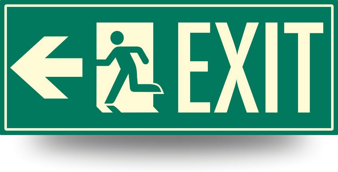 Low Proximity Photoluminescent Exit Sign Running Man (Left Arrow) 15" x 6". Aluminum Code Approved ASTM E2072