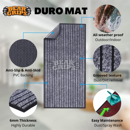 Image of BEAR GRIPS Duro 7 Striped Double-Colored Door, Home and Office mat Anti-Slip PVC Backing for dust Removal, wear-Resistant Main Door, and Kitchen Rug, 6mm Thick, Color: Grey & Black, Size 40X60 cm
