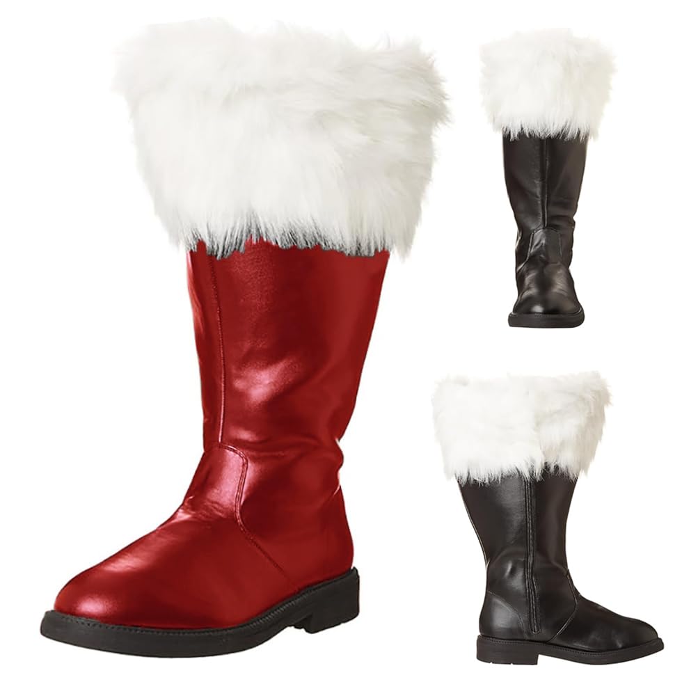Christmas Santa Claus Boots Mens Mid Calf Boots Adult Black Combat Boots with White Plush Cuffs for Christmas