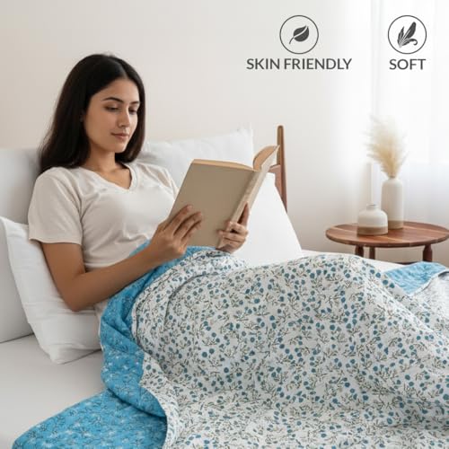 Image of HOMEMONDE 100% Cotton Reversible Dohar Double Bed Size | AC Blanket Comforter | Soft Lightweight Bed Blanket Quilt (84 x 94 Inch, Turquoise & White, Pack of 1)