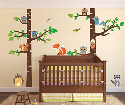 Innovative Stencils Birch Tree Wall Decal Forest with Owl Birds Squirrels Fox Porcupine Racoon Vinyl Sticker Woodland Children Decor Removable #1327 (96" (8ft) Tall, Brown Trees)