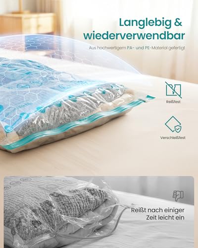 SONGMICS Vakuumbeutel, Vakuumierbeutel für Kleidung, Bettwäsche, Aufbewahrungsbeutel Reisen, platzsparend, wiederverwendbar, mit Handpumpe, 12 Beutel, 3 S/3 M/3 L/3 J, transparent LVB106W101