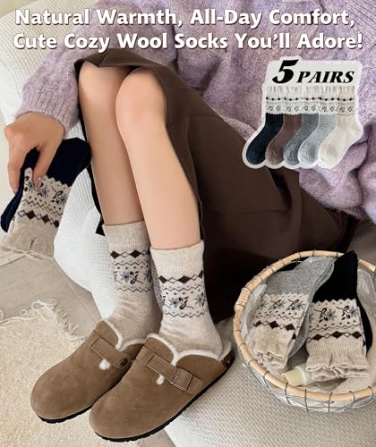 Image of IIG Cute Warm Wool Socks for Women Super Cozy Thick Crew Winter Socks Gifts, 5 Pairs