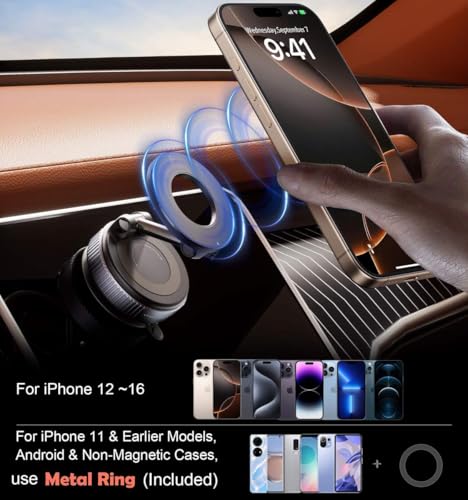Image of VeeDee Magnetic Car Phone Mount - 360 Vacuum Suction Magnetic Phone Holder for Car Dashboard & Windshield - Universal Multi-Surface MagSafe Car Mount for Home, Gym Mirror & Shower