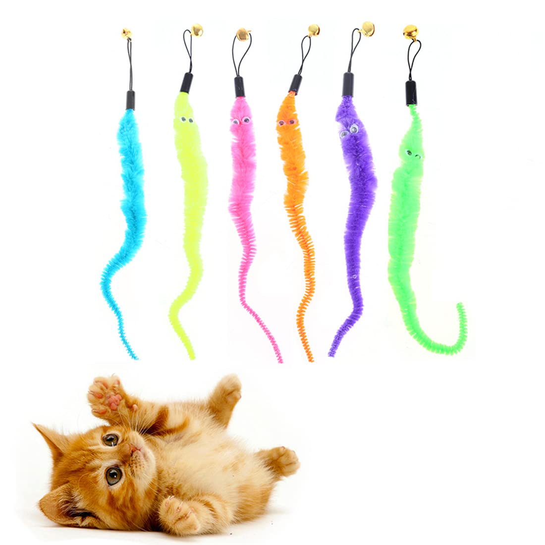 6 Piezas de Recambio de Juguete para Varita de Gato, Gusano de Cola Peluda con Campana, Juguetes interactivos para perseguidores de Gatos, Accesorios para recambios de Varita