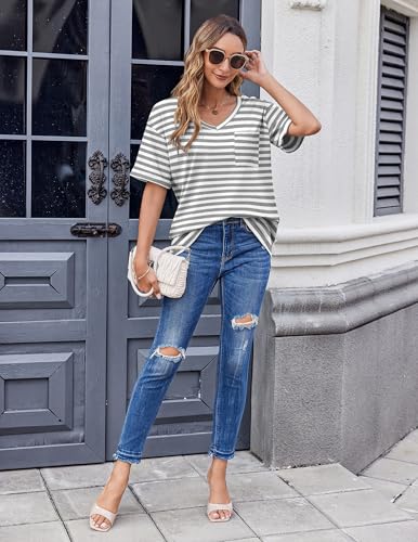 HOTOUCH Women Oversized T Shirts V Neck Short Sleeve Tees Casual Loose Tunic Summer Tops with Pocket4