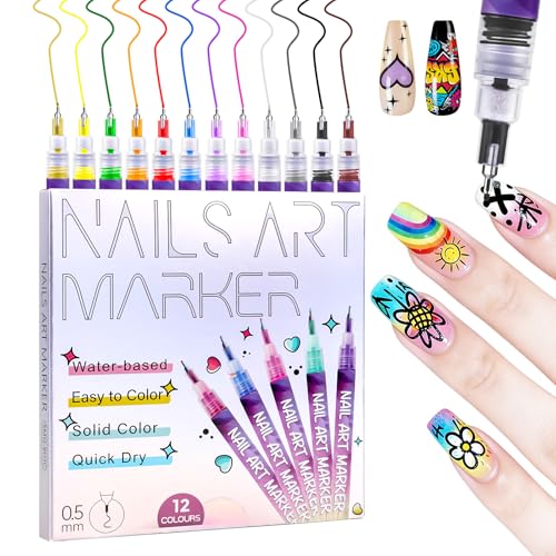 Nail Art Pens for Painting Nails 0.5mm Nail Art Markers Fine Nib 12 Colors 3D Nail Paint Pens  Nail Pens for Nail Art Suitable for Girls and Beginners Great Coverage Quick Dry Waterproof