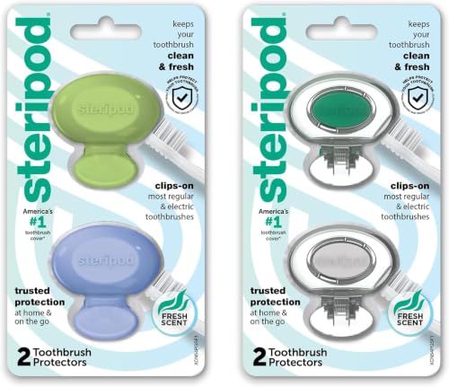Image of Steripod Clip-On Toothbrush Protector, Keeps Toothbrush Fresh and Clean, Fits Most Manual and Electric Toothbrushes, Blue, Green, Clear, 4 Count (Pack of 12)