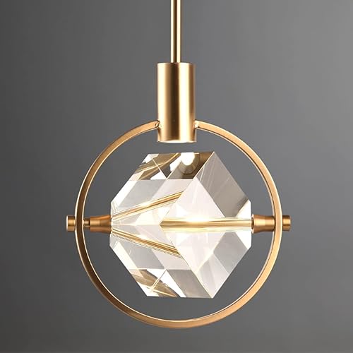 Lámpara colgante de cristal, moderna lámpara colgante regulable para isla de cocina, latón mate, pequeña lámpara colgante con cubo colgante para