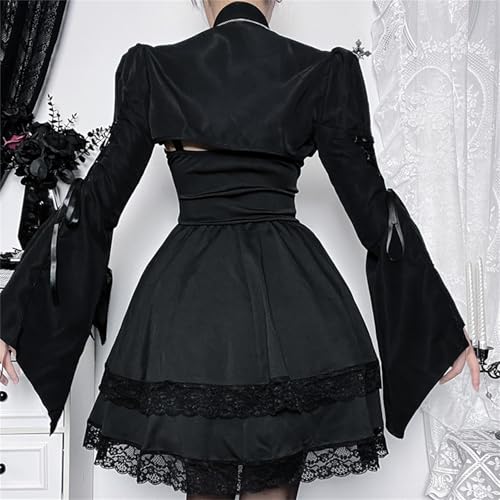 Image of Women Gothic Crop Top Shirt Y2K Black Bell Sleeve Shawl Cardigan