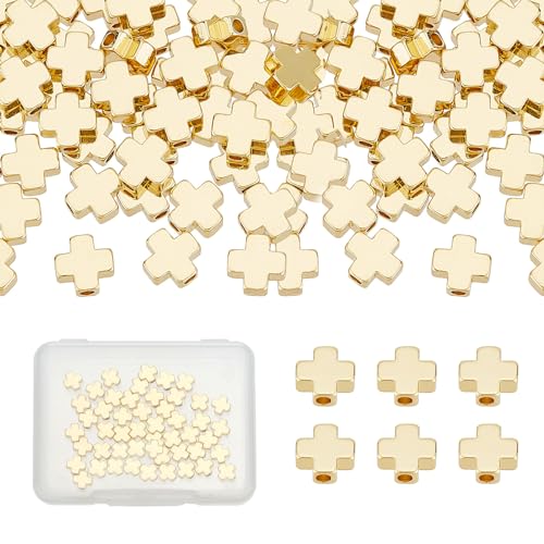 NICENEEDED 50 Pcs Cross Spacer Beads, 18K Gold Plated Crucifix Beads