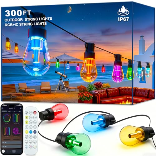 300FT RGB+IC Outdoor String Lights Dimmable Shatterproof LED Bulbs IP67 Waterproof DreamColor Chasing Lights Multicolor Dynamic Lighting for Patio Balcony Garden & Outdoor Living Area Decoration